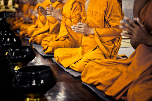 Buddhist Monks in saffron robes sitting in a row during prayers chanting, Religion - The Reality of Living - Pohernsi's Blog by Poh Ern Si Penang