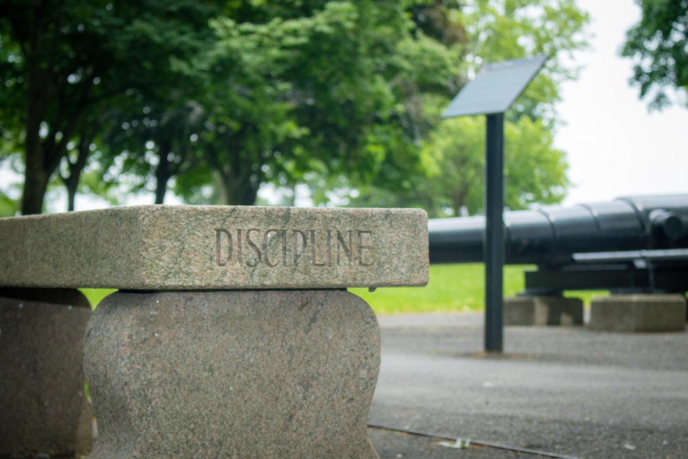 Photo showing discipline word carved into a stone statue at a park - How to Have A Natural Path to Cultivation - Poh Ern Si Penang Pohernsi's blog