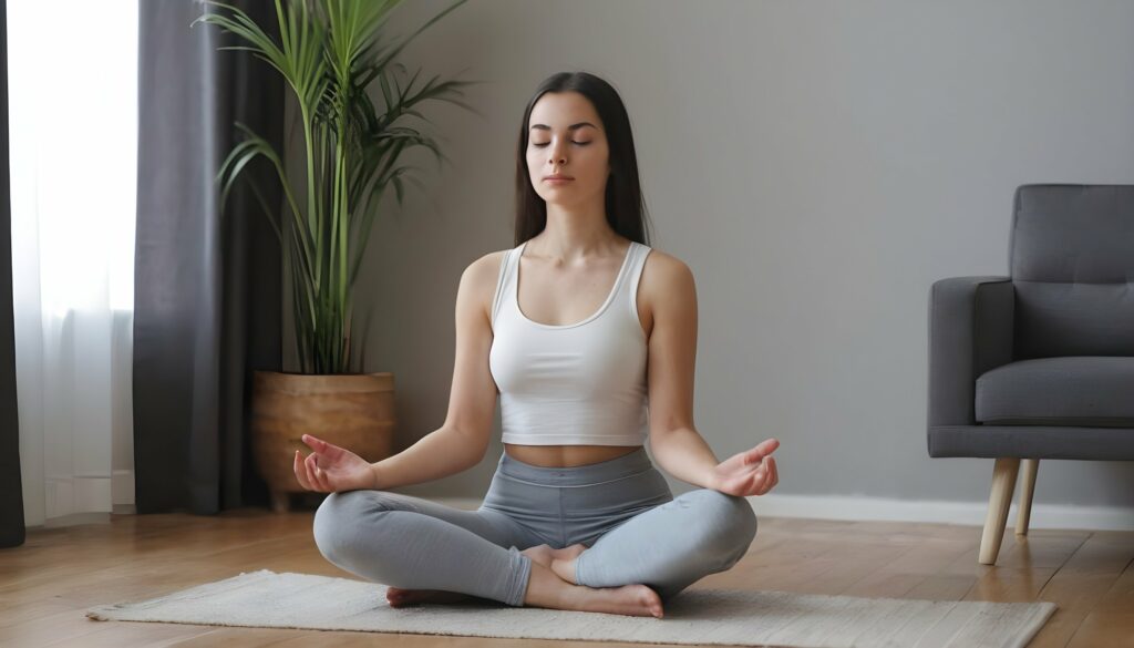 A young woman meditating peacefully at home - Importance of Realisation, Self Realisation - pohernsi.com