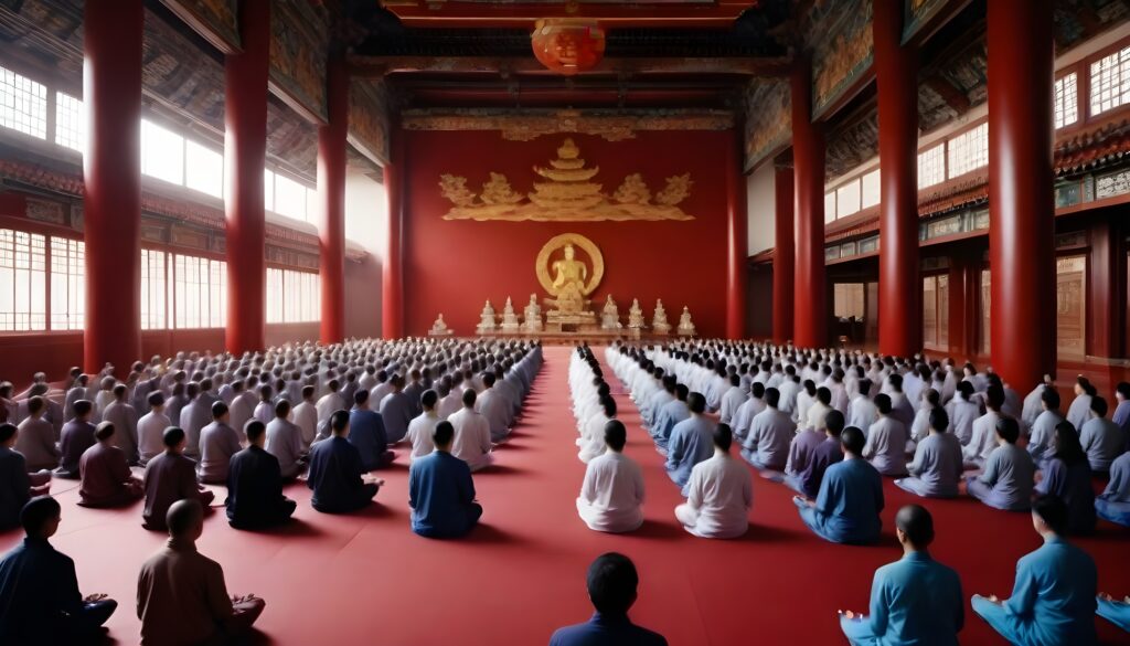 A large group of meditators meditating in a Chinese temple - An Introduction to A Self Satisfying Spiritual Meditation for Beginners - pohernsi.com Penang Buddhist Temple