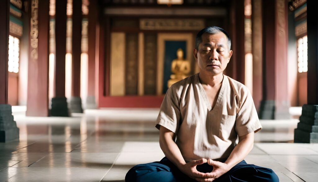 A middle aged Asian man learning how to meditate spiritually in a temple - An Introduction to A Self Satisfying Spiritual Meditation for Beginners - pohernsi.com Penang Buddhist Temple