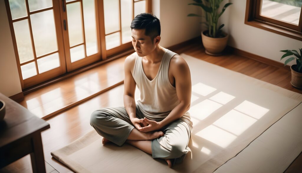 An Asian man meditating peacefully at home - What to do when you dont know what to do - Poh Ern Si Penang Buddhist Temple