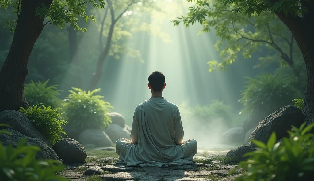 Impermanence, impermanency - a young man sitting in lotus position in tranquil forest - Poh Ern Si Penang Buddhist temple Malaysia